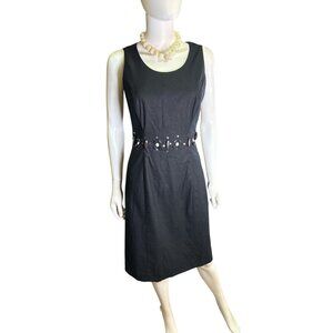 Oscar Oscar De La Renta Black Linen Blend Sheath Dress Embellished Waist Sz 4